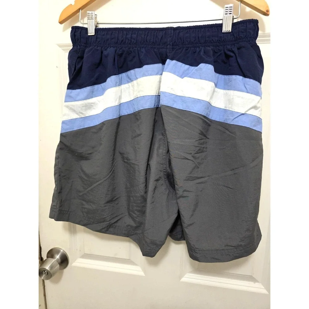 Vintage Sand N Sun Mens Swim Shorts Blue/Gray W/ White & Light Blue Stripes Elas